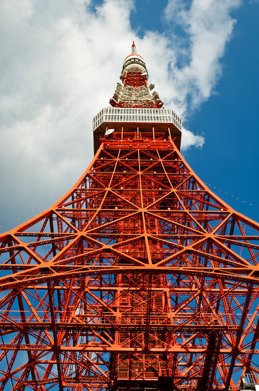 Architecture Art Print featuring the photograph Tokyo tower face cloudy sky by U Schade