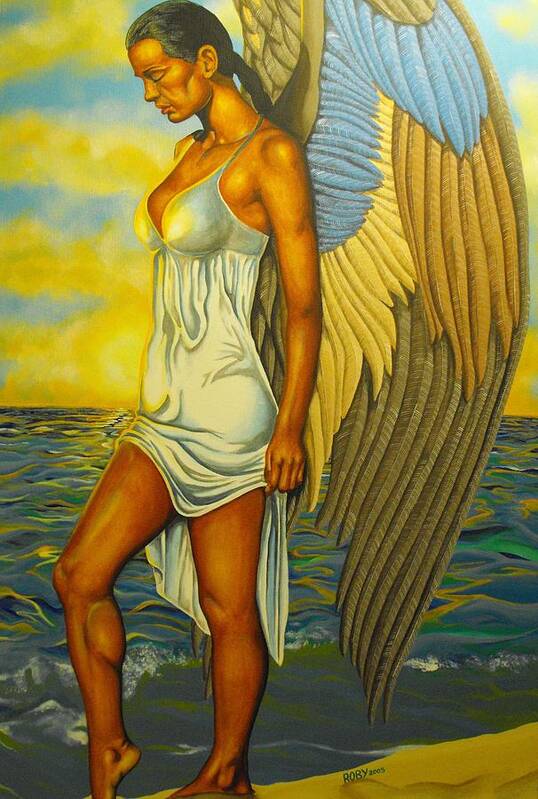 African American Female Angel In Water Setting With Pastel Wings Art Print featuring the painting Tranquility by William Roby