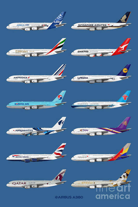 Airbus A380 Art Print featuring the digital art Airbus A380 Operators Illustration - Blue Version by Steve H Clark Photography