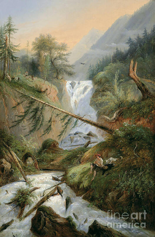 Alexandre Calame Art Print featuring the painting Shepherd Resting by the Waterfall by Celestial Images