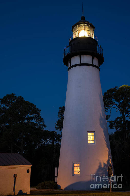 Amelia Island Lighthouse At Night Art Print featuring the photograph Amelia Island Lighthouse at Twilight-Fernandina Beach Florida #1 by Dawna Moore Photography