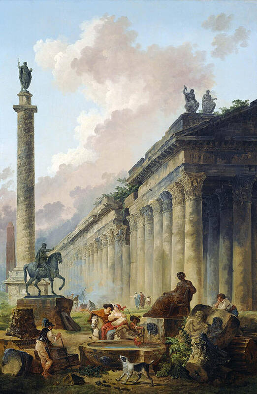 Hubert Robert Art Print featuring the painting Imaginary View of Rome with Equestrian Statue of Marcus Aurelius, the Column of Trajan and a Temple by Hubert Robert