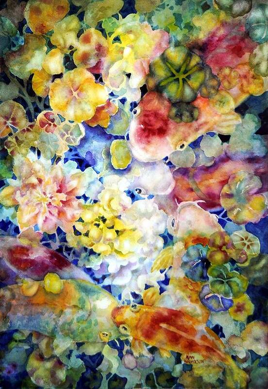 Watercolor Art Print featuring the painting Koi Garden by Ann Nicholson