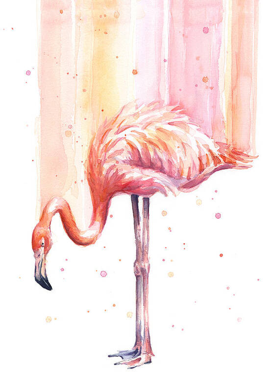 Flamingo Art Print featuring the painting Pink Flamingo Watercolor Rain by Olga Shvartsur