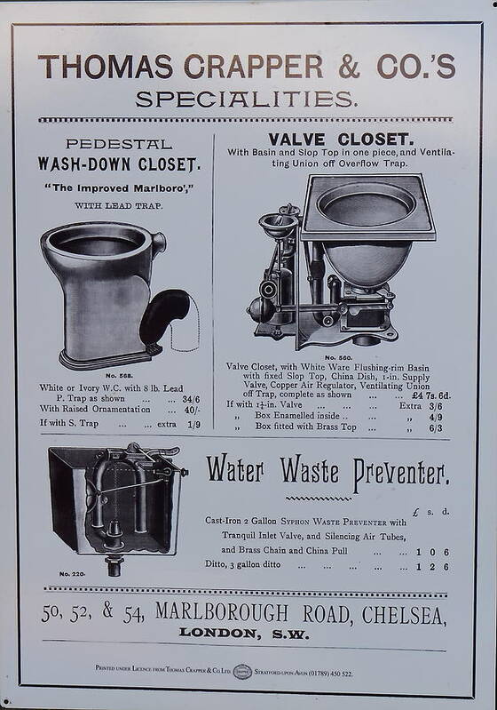Poster Sign Advert Promotion Price List Victorian Wc Plumbing Equipment Toilet Water Closet Chelsea London Pounds Shillings Pence Art Print featuring the photograph Thomas Crapper Water Closet Poster #1 by Jeff Townsend