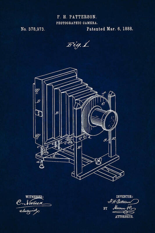 Patent Art Print featuring the digital art 1888 Camera US Patent Invention Drawing - Dark Blue by Todd Aaron