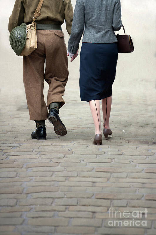Woman Art Print featuring the photograph 1940s Couple Soldier And Civilian Holding Hands by Lee Avison