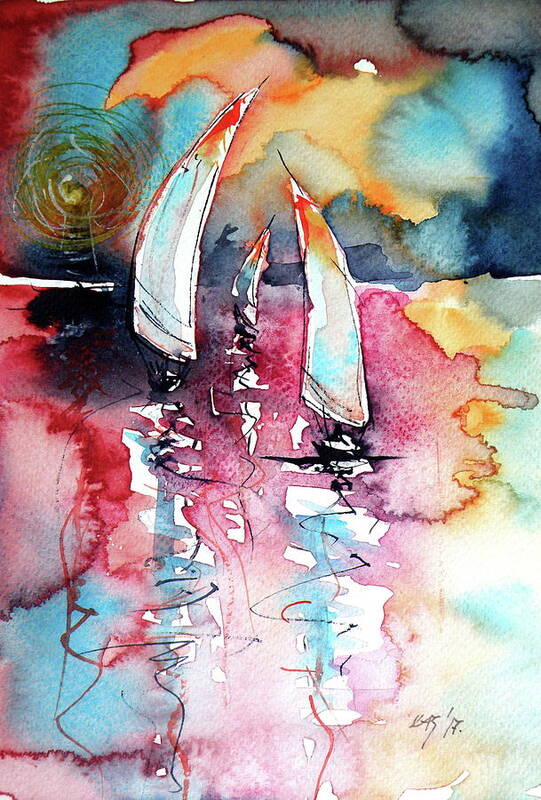 Sailboat Art Print featuring the painting Sailboats #2 by Kovacs Anna Brigitta