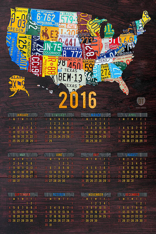 2016 Art Print featuring the mixed media 2016 Calendar License Plate Map of the USA Recycled Wall Art by Design Turnpike
