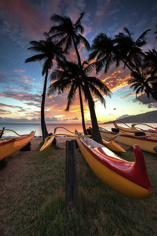Kihei Maui Hawaii Canoes Palmtrees Sunset Clouds Art Print featuring the photograph Kihei Canoes #7 by James Roemmling
