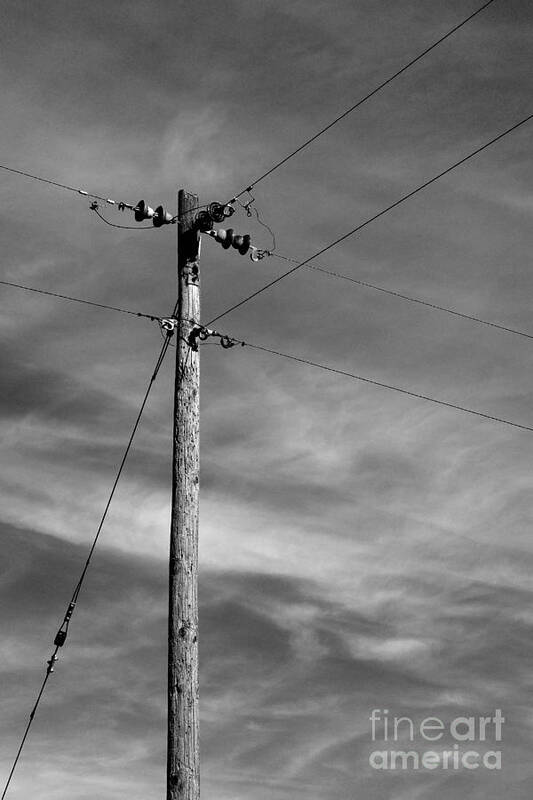 Electric Electrical Electricity Sky Cloud Clouds Black White Monochrome Power Pole High Voltage Volt Volts Wire Wiring Art Print featuring the photograph 7200v Tee 9178 by Ken DePue