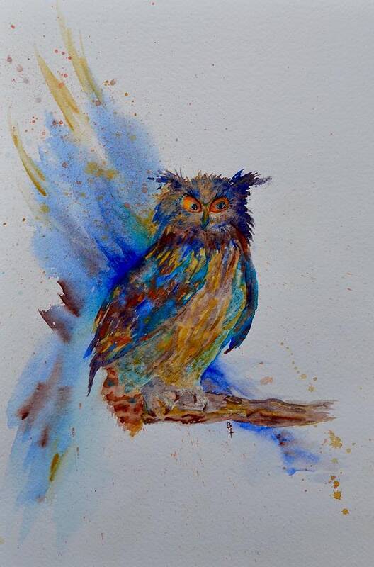A Blue Mood Owl Art Print featuring the painting A Blue Mood Owl by Beverley Harper Tinsley