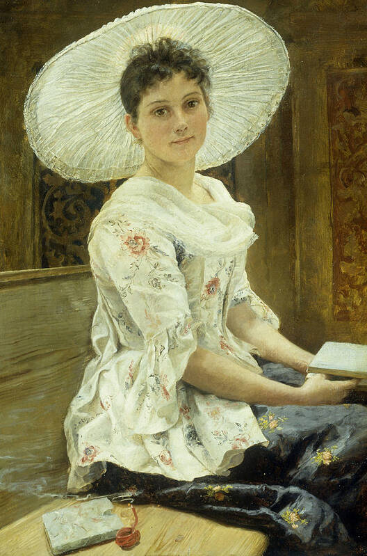 Sat Art Print featuring the painting A Young Beauty in a White Hat by Franz Xaver Simm