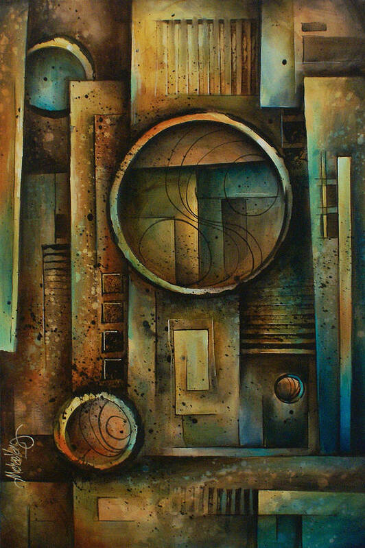 Abstract Design Geometric Shapes Cubism Green Blue Earth Tones Steps Art Print featuring the painting Abstract Design 64 by Michael Lang