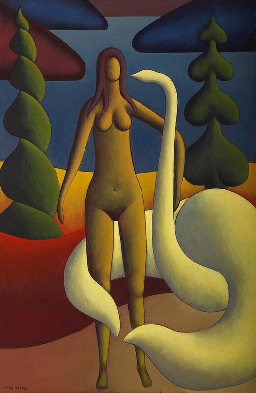 Nude In Landscape By Lake With Swan Art Print featuring the painting Adel with swan by Alan Kenny