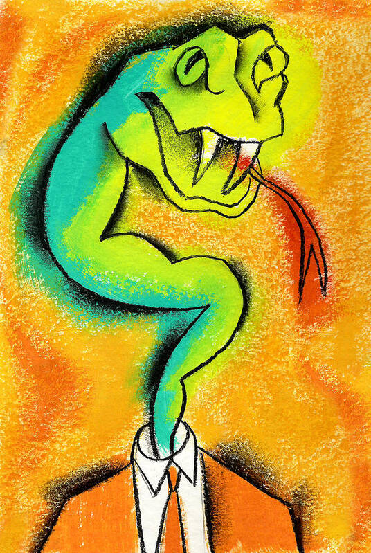 Angry Animal Anxious Appearing Attitude Bad Bluffing Business Attire Business Clothing Businessman Camouflaging Careless Changing Clothes Color Colour Concealing Conflicting Conquer Conscience Contrary Control Controlling Criticising Criticizing Devilish Dictating Disguising Dishonest Displaying Distrusting Dramatic Emerging Envy Evil Executive Exhibiting Frightening Graphic Design Hiding Identity Illustration Impatient Individuality Influencing Inner Self Intimidating Jealousy Lying Mad Male  Art Print featuring the painting Anger Control by Leon Zernitsky