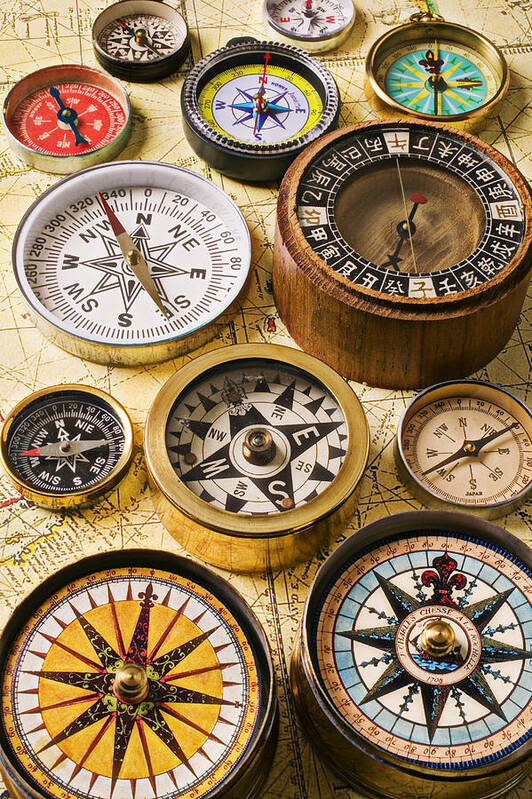 Compass Art Print featuring the photograph Assorted compasses by Garry Gay