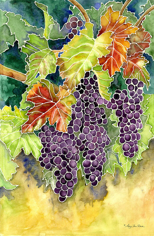 Cabernet Sauvignon Grapes Art Print featuring the painting Autumn Vineyard in its Glory - Batik Style by Audrey Jeanne Roberts