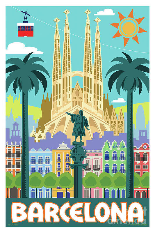 Pop Art Art Print featuring the digital art Barcelona Poster - Retro Travel by Jim Zahniser