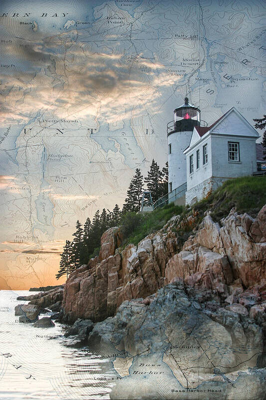  Art Print featuring the digital art Bass Harbor lighthouse on Maine nautical chart by Jeff Folger