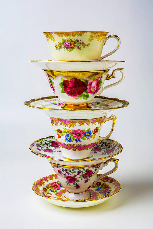 Tea Art Print featuring the photograph Beautiful Stacked Tea Cups by Garry Gay