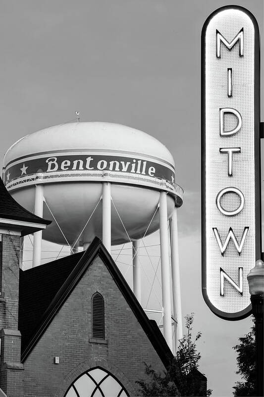 America Art Print featuring the photograph Bentonville Neon Midtown Sign and Water Tower - Black and White Edition by Gregory Ballos