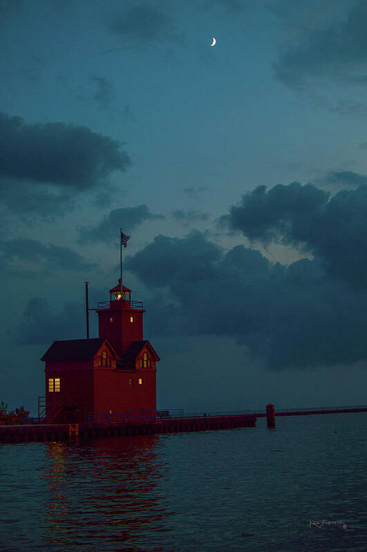 Michigan Art Print featuring the photograph Big Red Lighthouse Holland Michigan With Crescent Moon by Ken Figurski