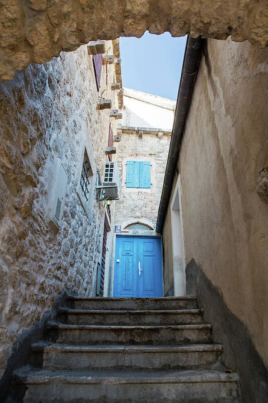 Kotor Art Print featuring the photograph Blue Old Wooden Door In A Stone House With Stairs by Elena Saulich