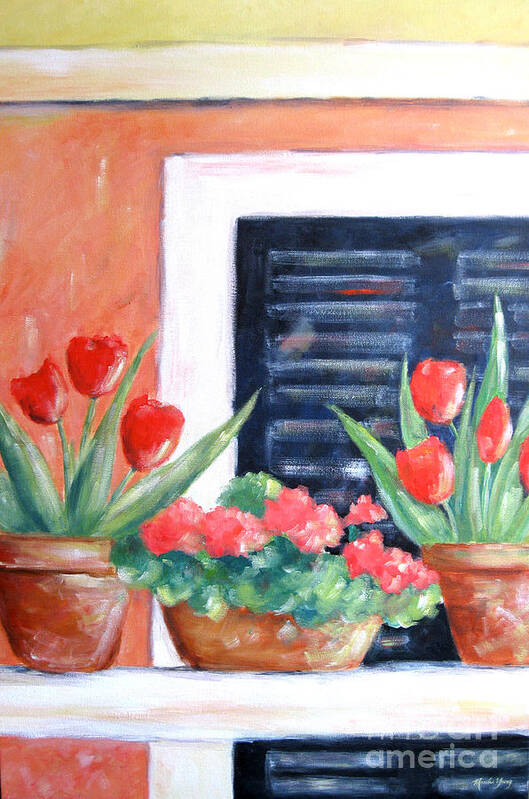 Red Tulips Art Print featuring the painting Blue Shutters by Marsha Young