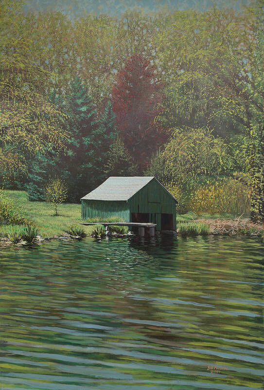 Boathouse Art Print featuring the painting Boathouse on Langwater Pond by Bill McEntee