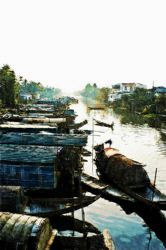 Asia Art Print featuring the digital art Boathouses in Vietnam by Cameron Wood