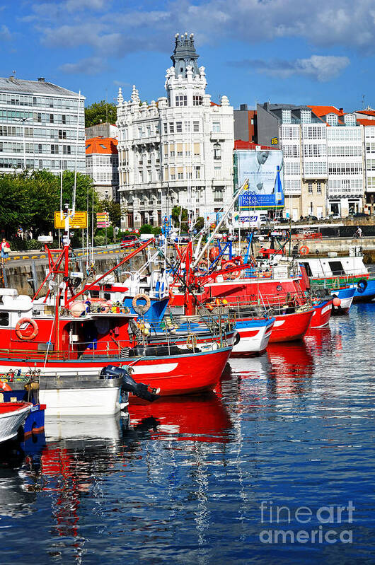 Fishing Boats Art Print featuring the photograph Boats in the Harbor - La Coruna by Mary Machare