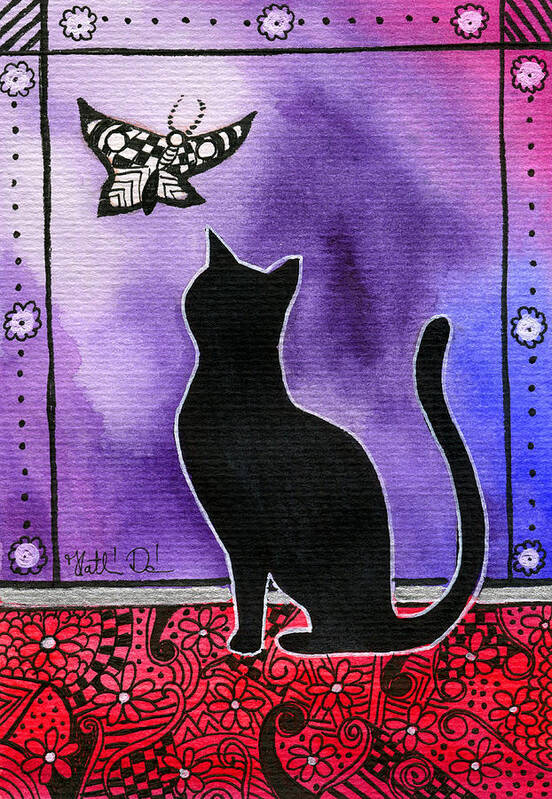 Cat Art Print featuring the painting Borboleta - Black Cat Card by Dora Hathazi Mendes
