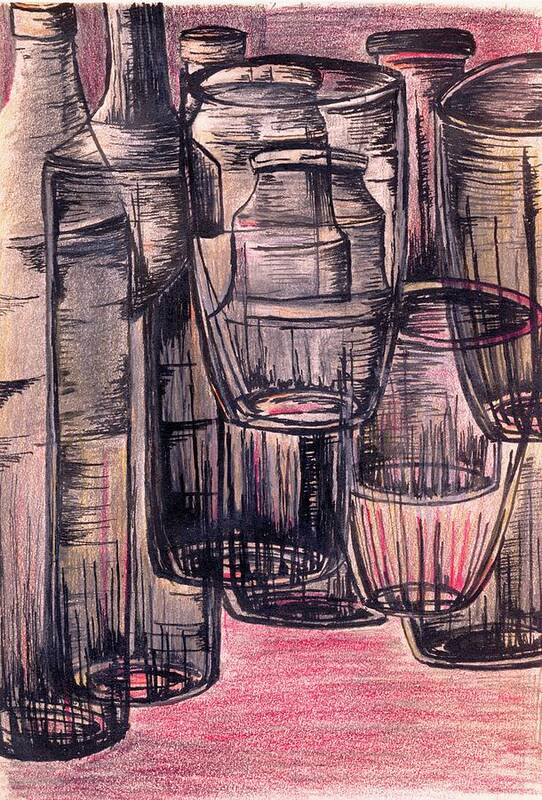 Picture Art Print featuring the drawing Bottles in Red by Medea Ioseliani