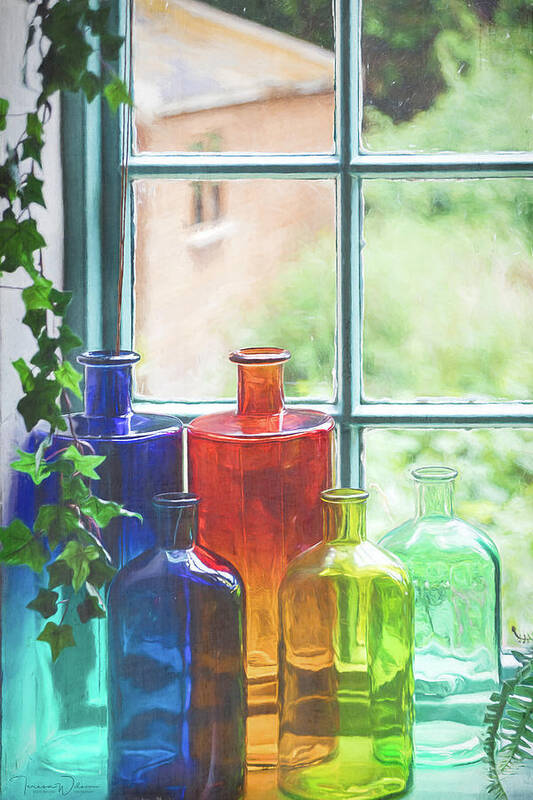Blue Art Print featuring the photograph Bottles in the Window Vertical by Teresa Wilson