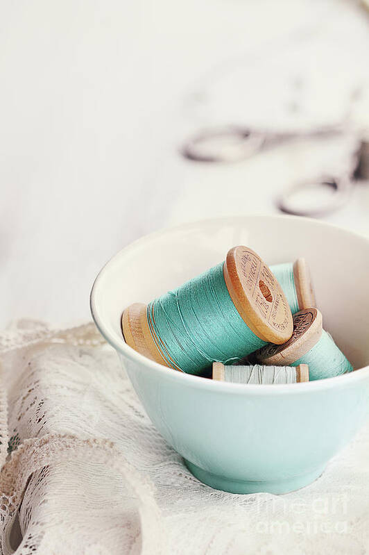 Vintage Art Print featuring the photograph Bowl of Vintage Spools of Thread by Stephanie Frey
