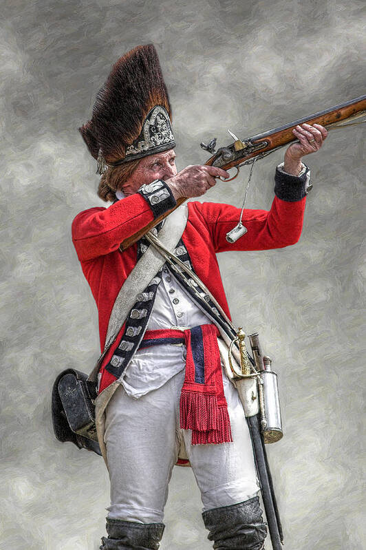 War Art Print featuring the digital art British Redcoat Firing Musket Portrait by Randy Steele