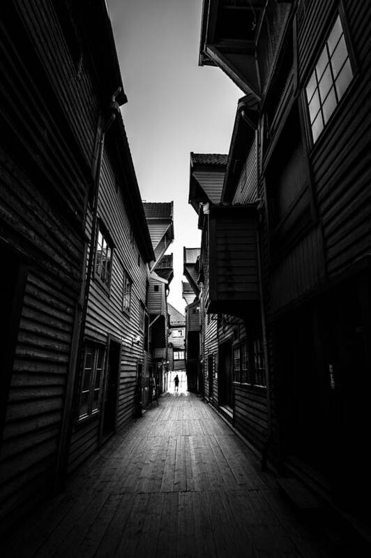 Bergen Art Print featuring the photograph Bryggen - Bergen, Norway - Black and white street photography by Giuseppe Milo