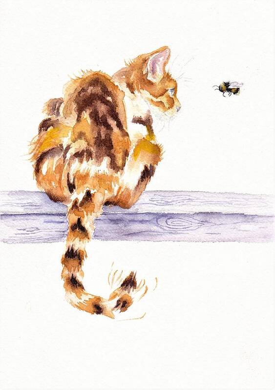 Cat Art Print featuring the painting Calico Cat Bee Watchful by Debra Hall