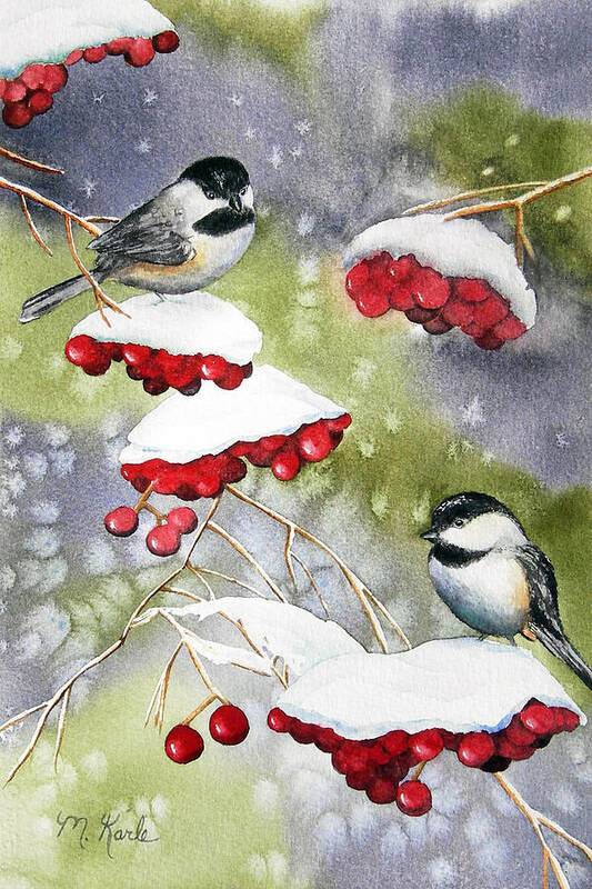 Birds Art Print featuring the painting Chilly Chickadees by Marsha Karle
