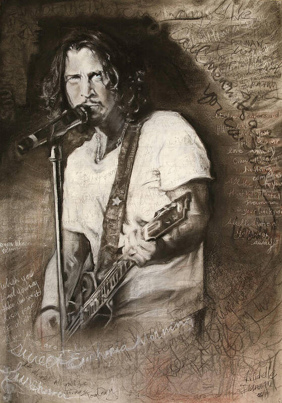 Chris Cornell Art Print featuring the drawing Chris Cornell tribute with lyrics by Michelle Flanagan