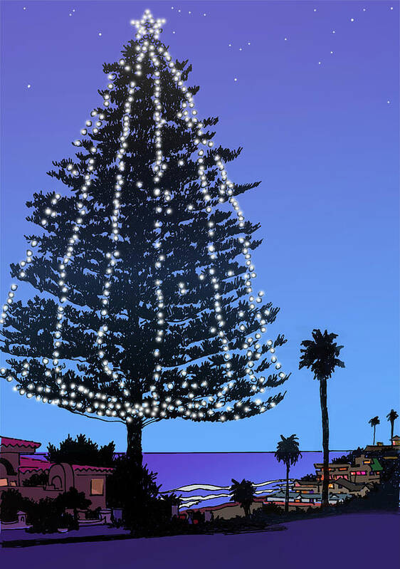 Christmas Card Art Print featuring the drawing Christmas Tree at Moonlight Beach Encinitas, California by Mary Helmreich