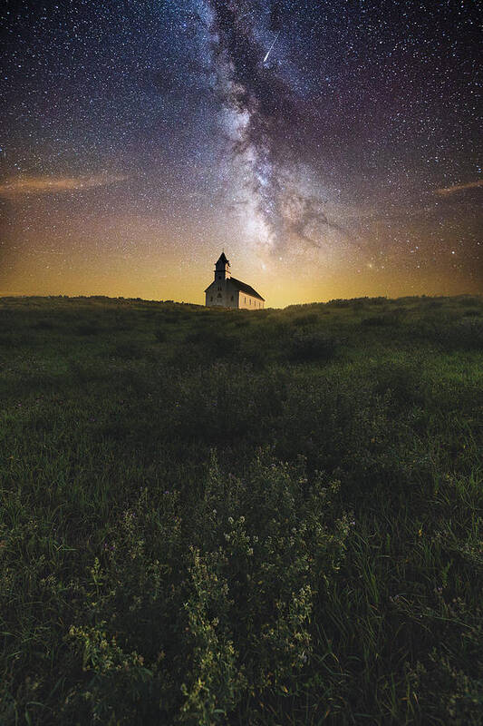 #aaron Groen #perseid #perseid Meteor Shower #astro #astronomy #astrophotographer #astrophotography #canon #church #cosmos #galaxy #great Rift #hifromsd #hill #homegroen Photography #long Exposure #meteor Shower #milky Way #milkyway #night #night Photography #night Sky #nightscape #prairie Flowers #sky #south Dakota #space #stars #usa #wild Flowers Art Print featuring the photograph Church on the Hill by Aaron J Groen