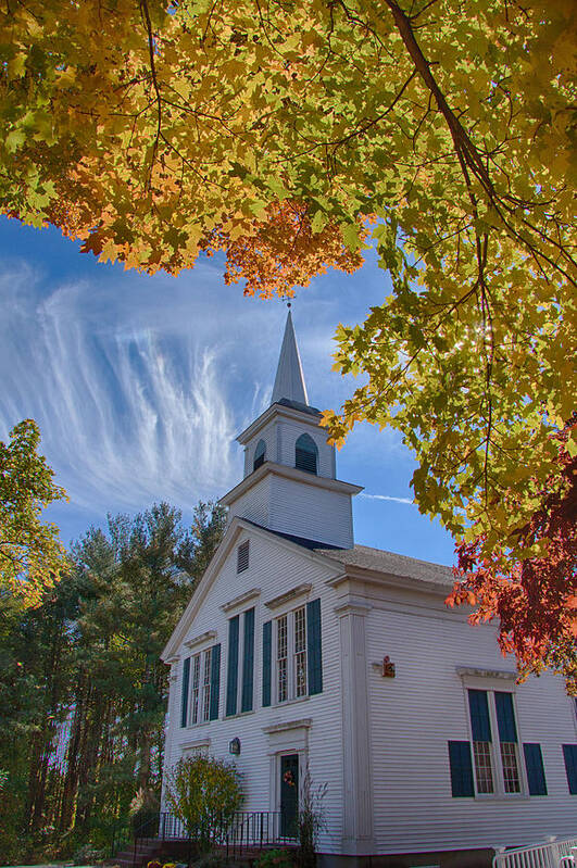 #jefffolger Art Print featuring the photograph Church with Mares tails above and fall foliage below by Jeff Folger