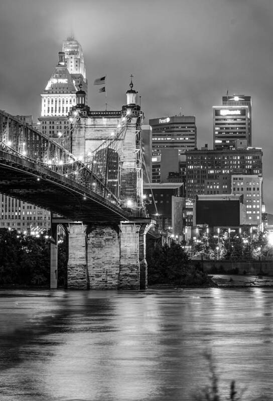 Cincinnati Art Print featuring the photograph Cincinnati Ohio Skyline and Bridge - Black and White by Gregory Ballos
