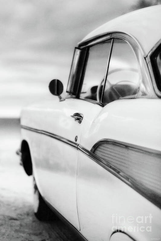 Chevy Art Print featuring the photograph Classic 57 Chevy Bel Air at the Beach Black and White by Edward Fielding