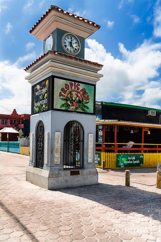 Ambergris Caye Art Print featuring the photograph Clock Tower by Lawrence Burry