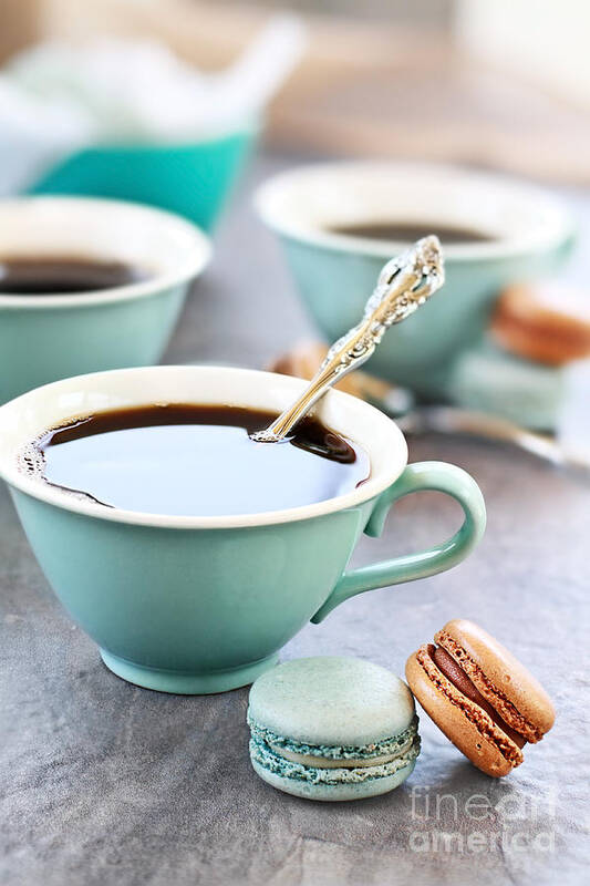 Macaron Art Print featuring the photograph Coffee and Macarons by Stephanie Frey