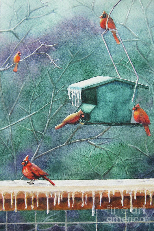 Nancy Charbeneau Art Print featuring the painting Cold Cardinals by Nancy Charbeneau