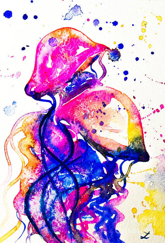 Jellyfish Art Print featuring the painting Colorful Jellyfish by Zaira Dzhaubaeva
